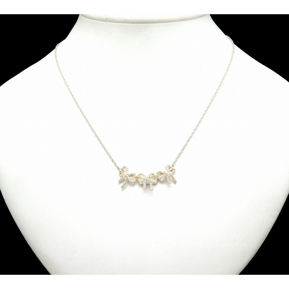 TIFFANY Co Ribbon Motif Triple Pendant Necklace Yellow Gold Silver accents